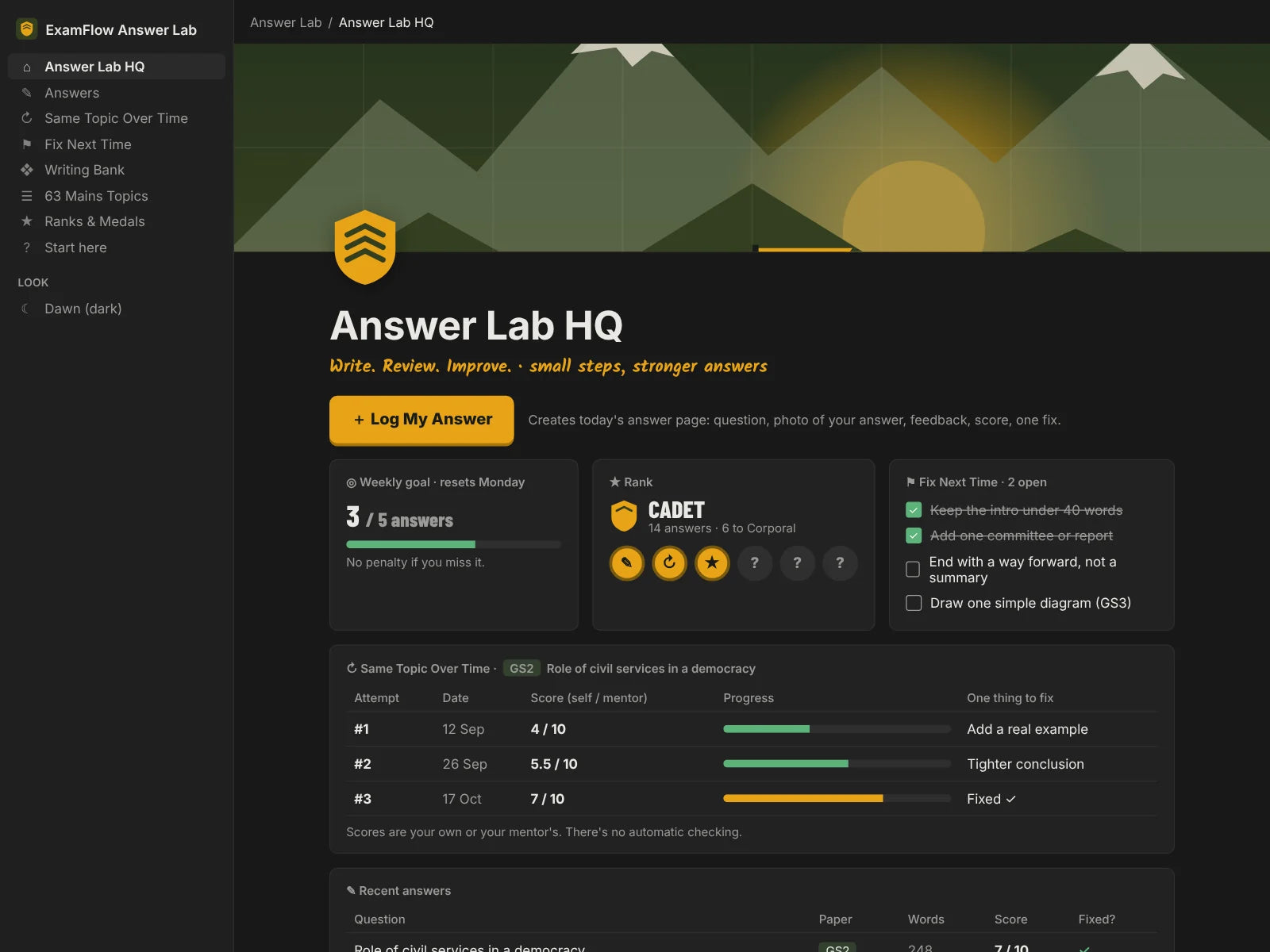Answer Lab HQ in the Dawn (dark) look, with sample data